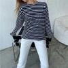 Lymzpwg Women's Long-Sleeved Striped T-Shirt Casual Round Neck Pure Cotton Striped T-Shirt (Color : Black2, Size : Medium) view 2