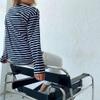 Lymzpwg Women's Long-Sleeved Striped T-Shirt Casual Round Neck Pure Cotton Striped T-Shirt (Color : Black2, Size : Medium) view 4