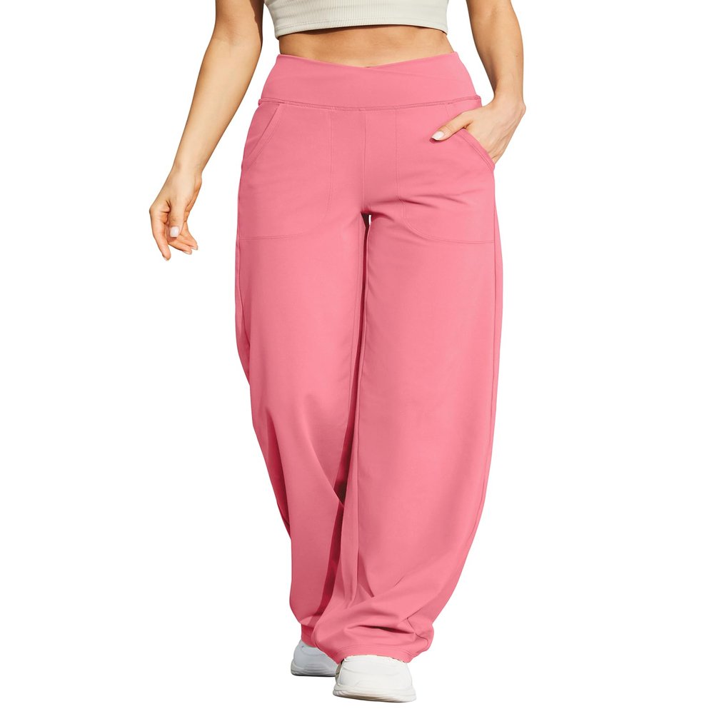 G4Free Women Casual Pants V Cross Waist Lounge Pants Wide Leg Yoga Dress Pants for Workout Travel Vacation(Pink,XS,Regular)