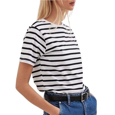 Lymzpwg Women's Striped T-Shirt Short Sleeves Loose Cotton Round Neck Striped Short Sleeves (Color : Black, Size : Medium)