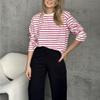 Lymzpwg Women's Long-Sleeved Striped T-Shirt Casual Round Neck Pure Cotton Striped T-Shirt (Color : Rose red, Size : Small) view 2