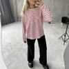 Lymzpwg Women's Long-Sleeved Striped T-Shirt Casual Round Neck Pure Cotton Striped T-Shirt (Color : Rose red, Size : Small) view 3