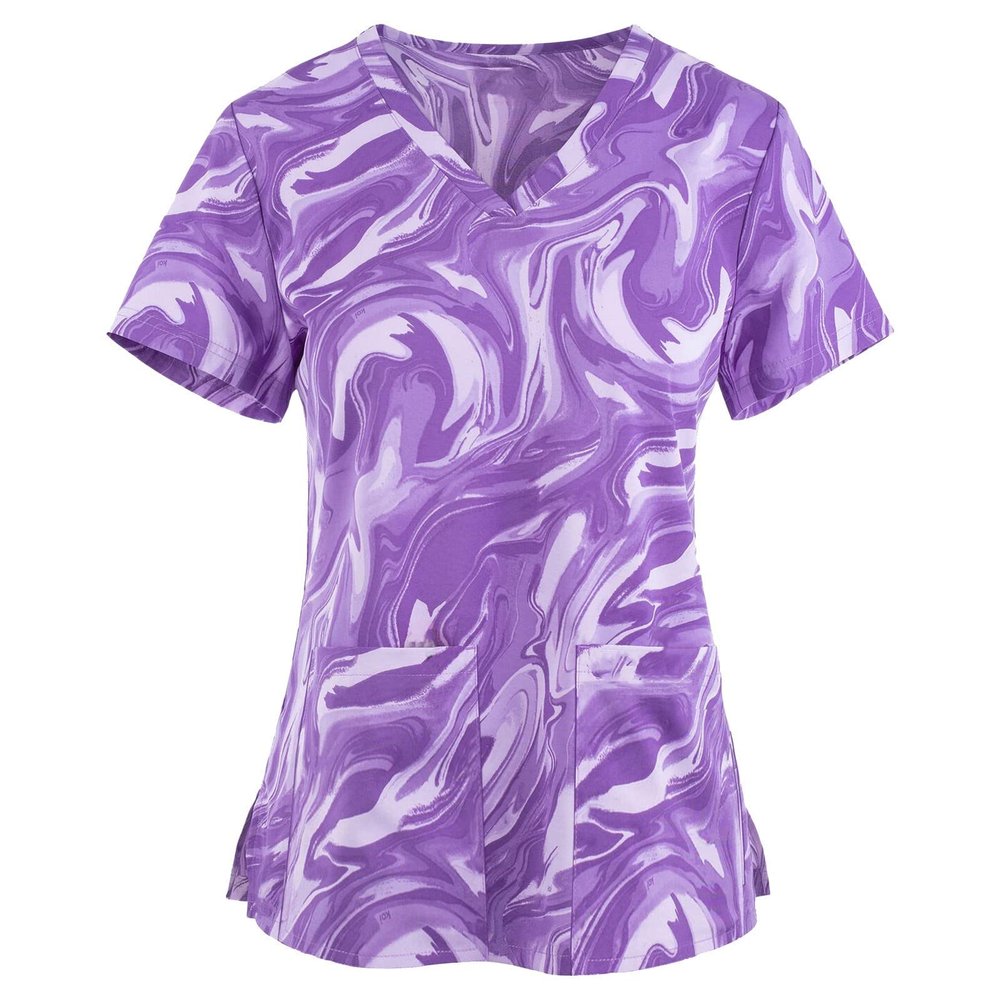 2025 Scrubs for Women Summer Print Short Sleeve V Neck Scrubs Stretchy Nursing Uniform Tops