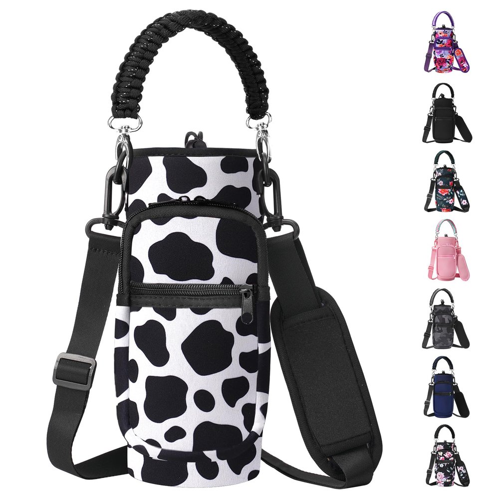 AceTreker 32/40/64/128 oz Water Bottle Sleeve Bag, Neoprene Bottle Carrier Holder with Strap & Paracord Handle for Walking, Hiking, Camping-Cow