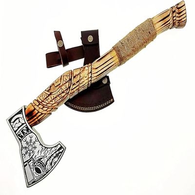 ISUZA Custom Gift Forged Carbon Steel Viking Axe with Rose Wood Shaft, Viking Bearded Camping Axe, siler, ISU98ZA