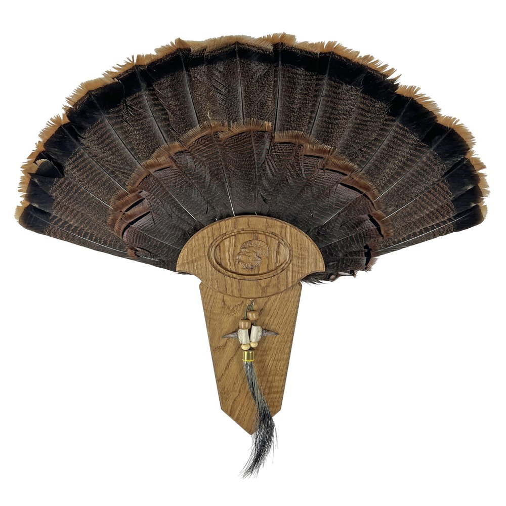 Carved Turkey Tail Mounting Kit w/ Beard and Spur Display Options - Customizeable for All Species! (Figured Oak)
