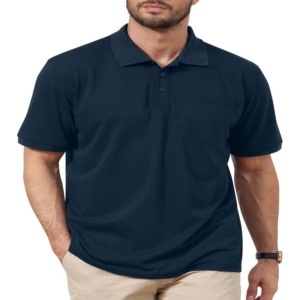 Corna Navy Golf Shirts for Men, Lightweight Mens Polo Shirts Short Sleeve, Cotton Blend Polo Shirts for Men with Pocket, Performance Casual Stylish Solid Collared Mens Polo Shirts Dry Fit (Navy, 6XL)