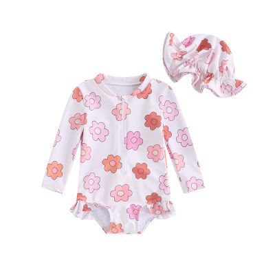 Beautooly Summer Baby Swimsuit Girl Floral Swimwear Ruffle Zipper Long Sleeve Toddler Bathing Suits (A-Pink, 12-18 Months)