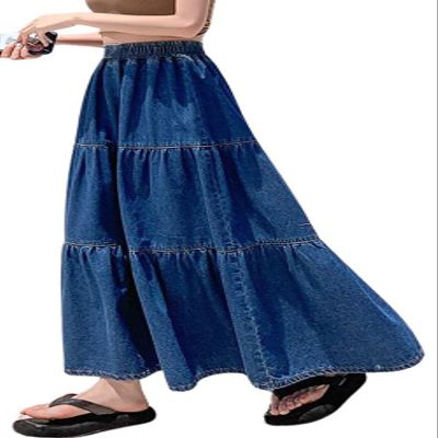 chouyatou Women's Spring High Elastic Waist Tiered Denim Skirt Summer A-Line Maxi Long Jean Skirt (Small, Blue)