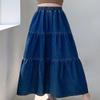 chouyatou Women's Spring High Elastic Waist Tiered Denim Skirt Summer A-Line Maxi Long Jean Skirt (Small, Blue) view 2