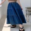 chouyatou Women's Spring High Elastic Waist Tiered Denim Skirt Summer A-Line Maxi Long Jean Skirt (Small, Blue) view 3