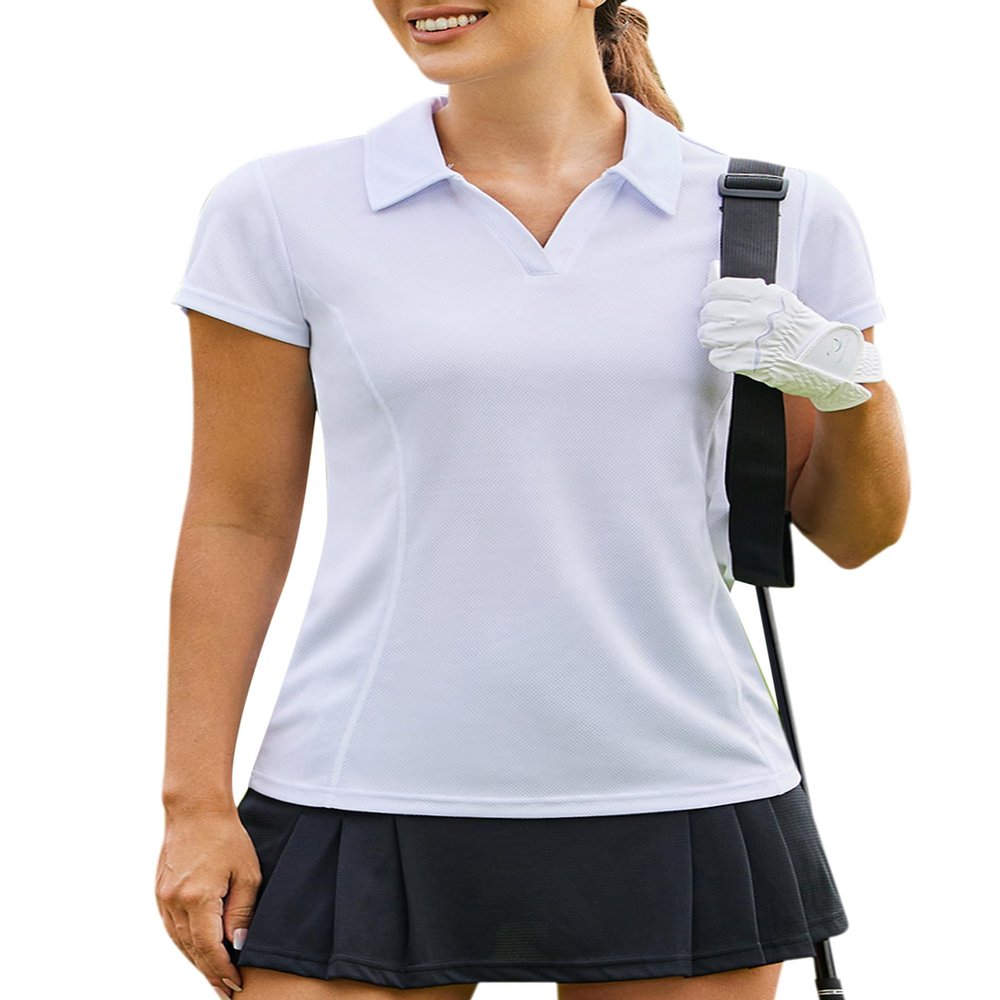 PINSPARK Polo Shirts for Women Short Sleeve Quick Dry Golf Polo Lightweight Tennis Workout Top V Neck Summer T Shirts Golf Attire,White Small