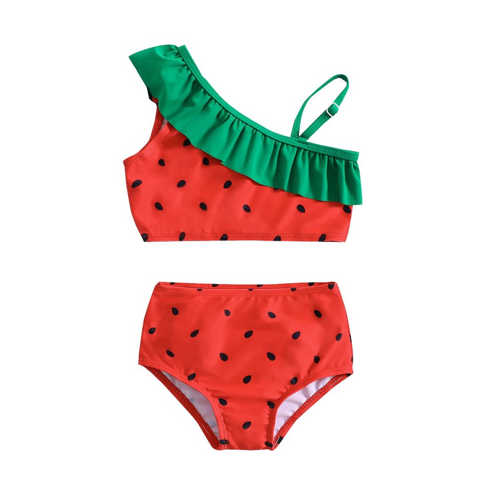 NineFit Basics Baby Girls Swimsuit Summer Toddler Girls Ruffles Cartoon Watermelon Prints Beach Swimsuit Bikini 1 (Red-1, 2-3 Years)