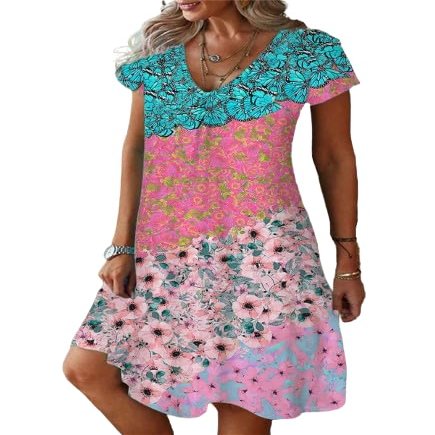 Akivide Women's Casual Boho Colorful Short Sleeve Midi Dress Summer V Neck Floral Print Flowy Tunic Tshirt Dress