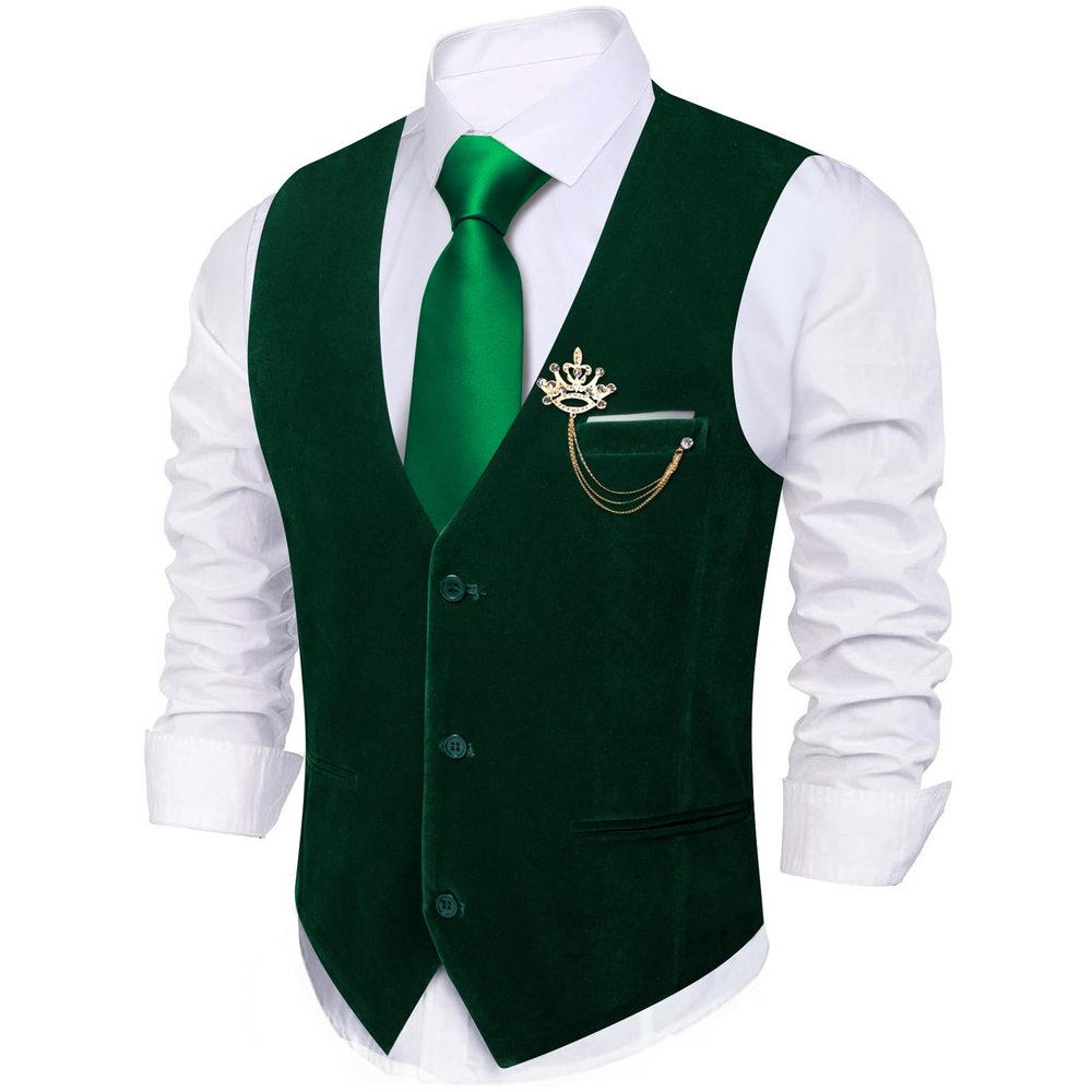 Barry.Wang Men's Dark Green Velvet Suit Vest V-neck 2 Pockets Gold Brooch Waistcoat Set for Prom Wedding Party Dinner