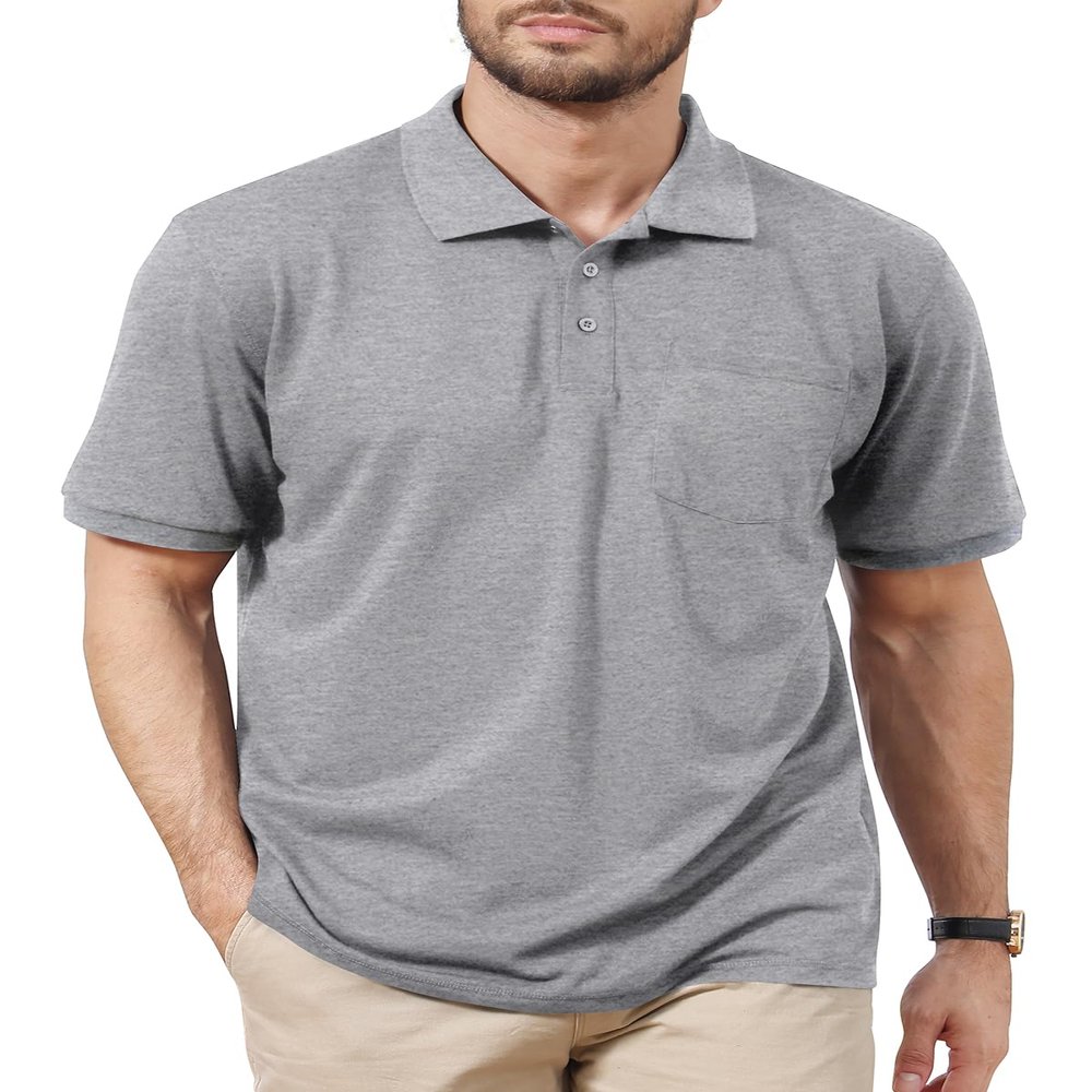 Corna Mens Polo Shirts with Pocket, Performance Polo Shirts for Men, Cotton Blend Lightweight Mens Golf Shirts Short Sleeve, Casual Stylish Solid Dry Fit Collared Mens Golf Polo Shirts (Grey, 4XL)