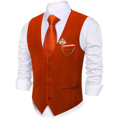Barry.Wang Mens Red Velvet Vest V-neck 2 Pockets with Gold Brooch Waistcoat Set Formal/Leisure