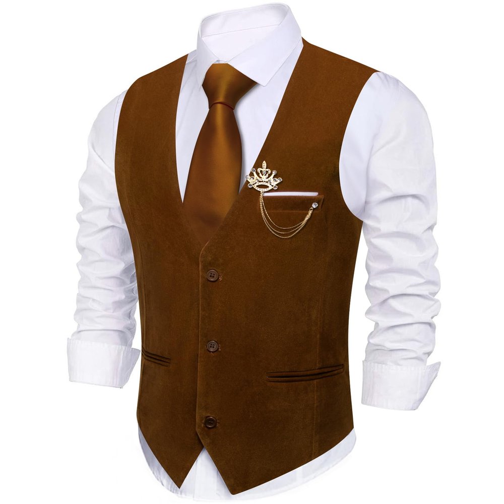 Barry.Wang Men's Brown Red Velvet Suit Vest V-neck 2 Pockets Gold Brooch Waistcoat Set for Prom Wedding Party Dinner