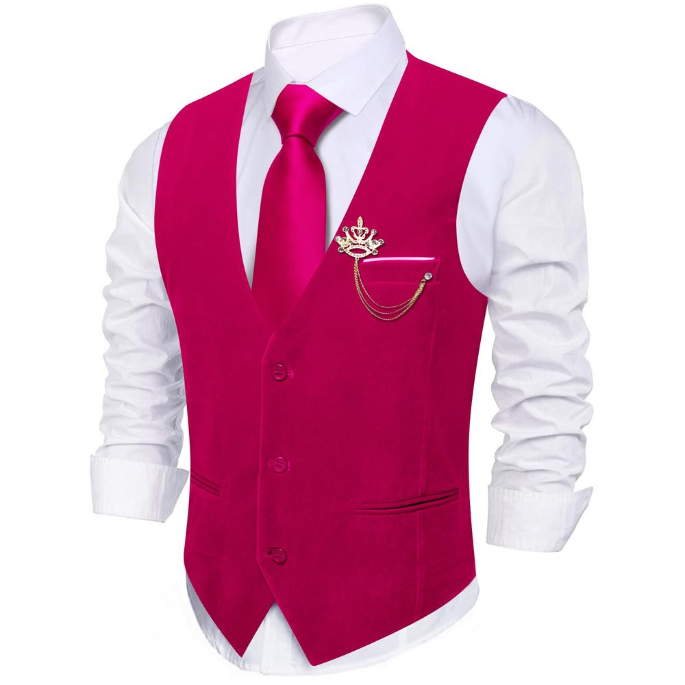 Barry.Wang Men's Hot Pink Velvet Suit Vest V-neck 2 Pockets Gold Brooch Waistcoat Set for Prom Wedding Party Dinner
