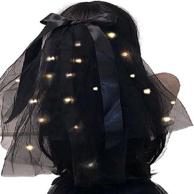 Bmirth Halloween Veils Light up Veils Pearl Pencil Edge Bridal Veils Bow Tulle Hair Accessories (Black)