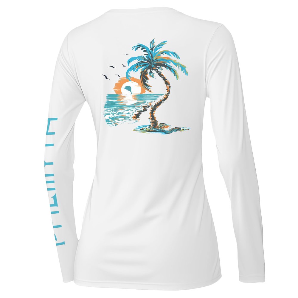 Palmyth Fishing Shirts for Women UPF 50+ Sun Protection Long Sleeve T-Shirt (White/Palm Eden, XL)
