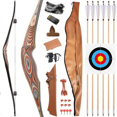 58" Traditional Bow Wood Long Bow One Piece Wood Long Bow Hunting Recurve Bow 20-50Lbs for Adult or Youth Hunting Shooting Practice (Right Hand-Kit 2, 40 Lbs)