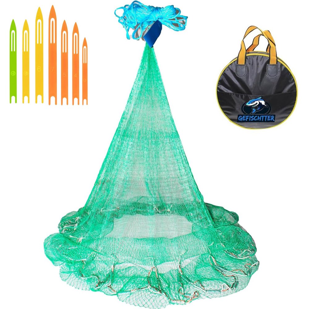 Saltwater Fishing Cast Net Eco-Friendly Rubber Sinker 1/2 Inches Mesh for Bait Shrimp Trap Fish Size 4FT/5FT/6FT/7FT/8FT/9FT/10FT/11FT/12FT Radius