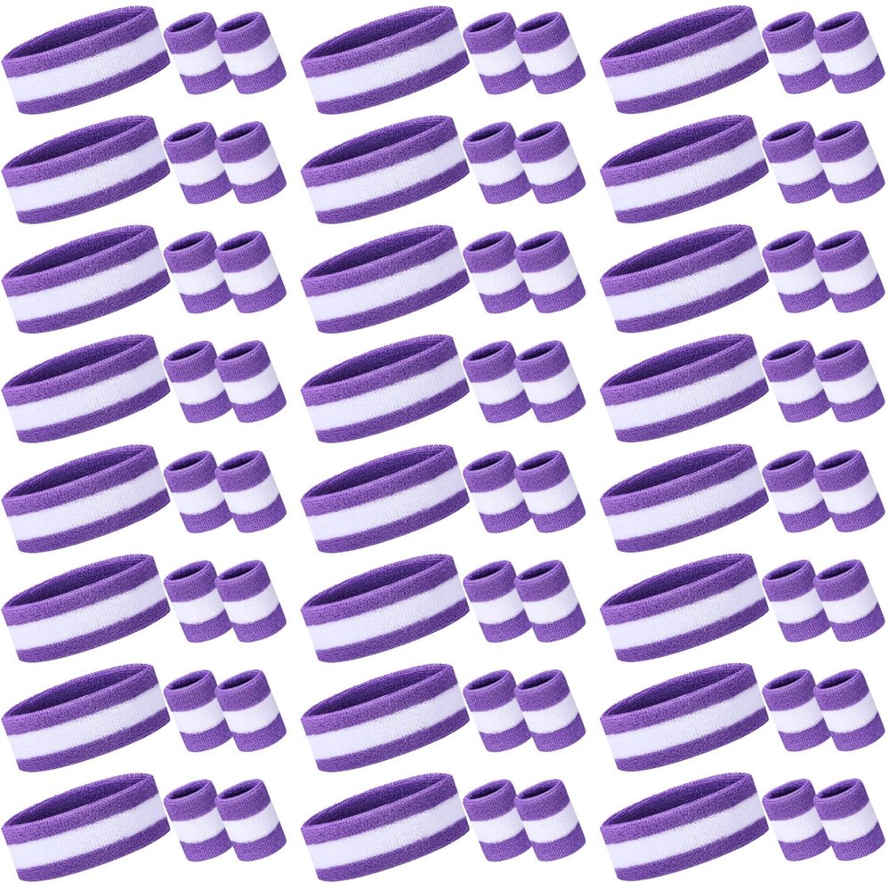 Eurzom 72 Pcs Bulk Striped Sweatband Set Include 24 Sweat Absorbing Striped Headbands and 48 Sweatbands Wristbands Cotton Athletic Sweat Bands for Men Women Gym Sports Workout (Purple, White)