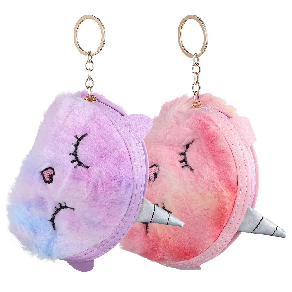 AOKWAWALIY Unicorn Plush Coin Purses 2 Pcs Cute Unicorn Coin Pouch Girl Birthday Ideas Small Kawaii Animal Plush Wallet with Keychain Zipper