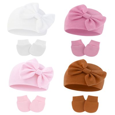 ZURLEFY Baby Girl Hats and Mittens Set for 0-6 Months, Newborn Hospital Hats with Bow for Infant Baby No Scratch Cotton Mittens Set(31G-13)