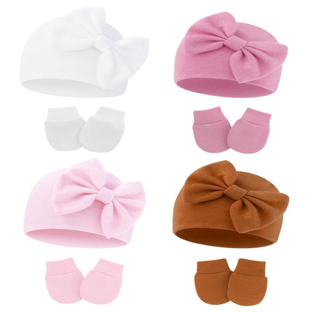 ZURLEFY Baby Girl Hats and Mittens Set for 0-6 Months, Newborn Hospital Hats with Bow for Infant Baby No Scratch Cotton Mittens Set(31G-13)