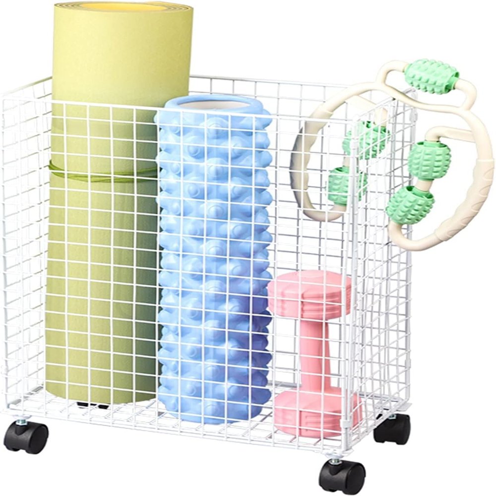 CUTPOIY Narrow Yoga Mat Storage Cart for Small Space, White Rolling Foam Roller Holder with Wheels, Sports Equipment Display Rack Floor Stand