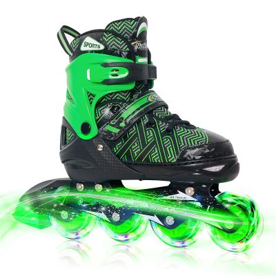 Nattork Adjustable Inline Skates for Little Kids Boys with Light up Wheels - Green Child Blade Roller Skating for Beginners Size 1 2 3 4 Ages 7 8 9 10