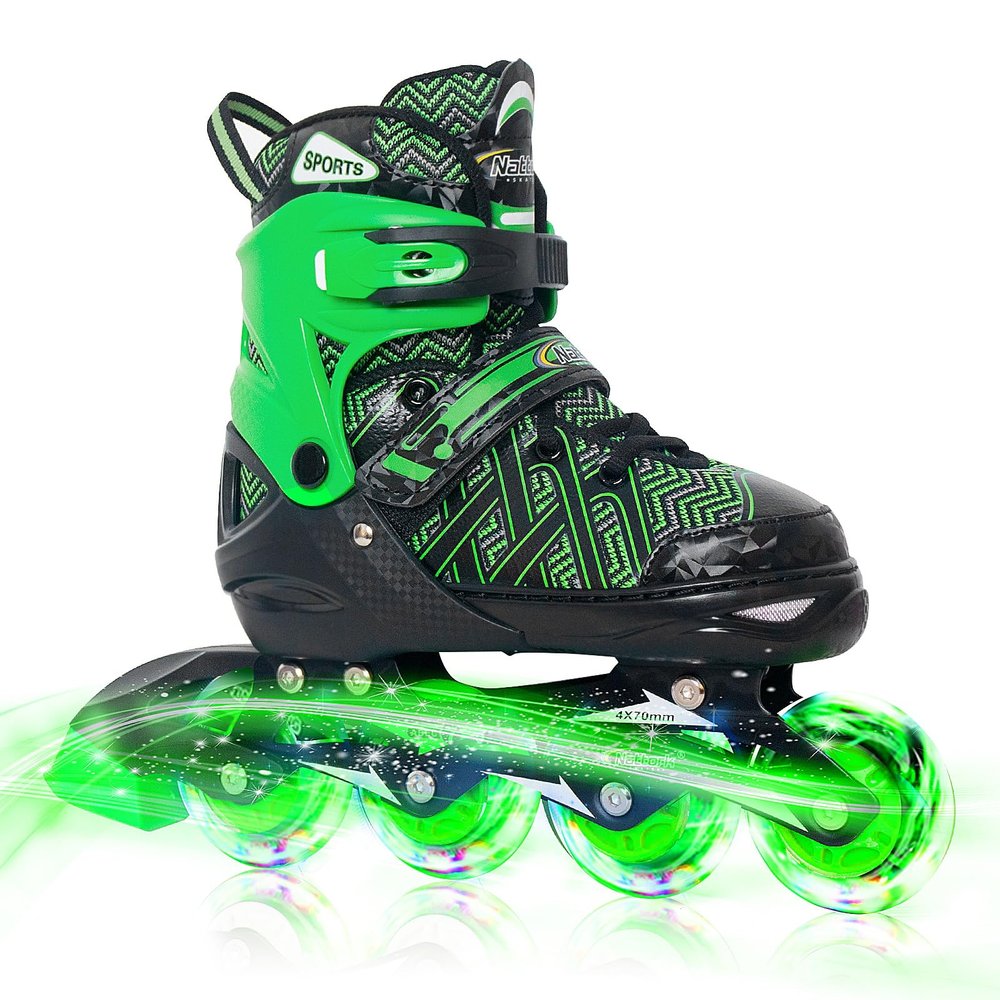 Nattork Adjustable Inline Skates for Little Kids Boys with Light up Wheels - Green Child Blade Roller Skating for Beginners Size 1 2 3 4 Ages 7 8 9 10