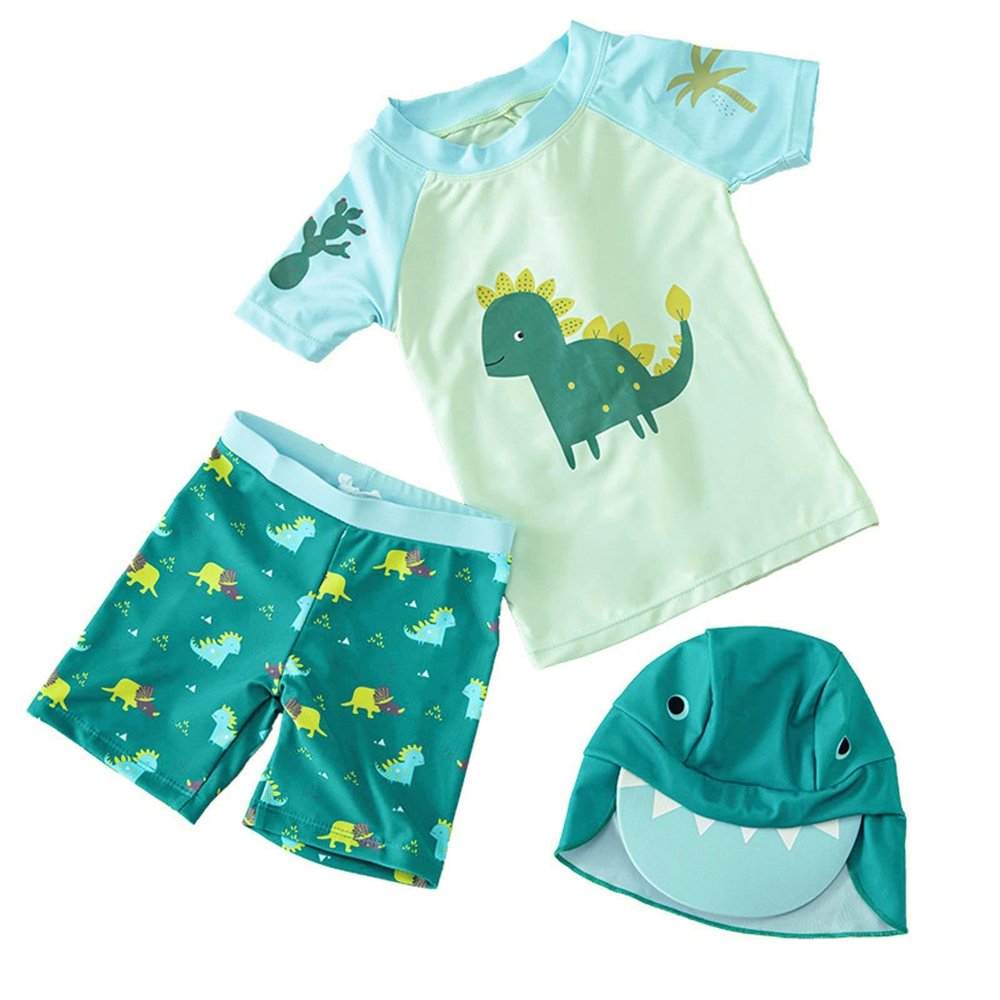 KAGAYD Girls Boys Swimsuit 3 Piece Bathing Suits Cute Dinosaur Bikini Tankini Sets with Shorts Cartoon Hat for 2~7Years (Green, 4-5 Years)