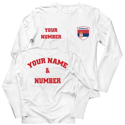 lepni.me Mens Personalised Long Sleeve Soccer Jersey Serbia T-Shirt Serbian Flag Badge European Football Championship 2024 (3XL White Multi Color)