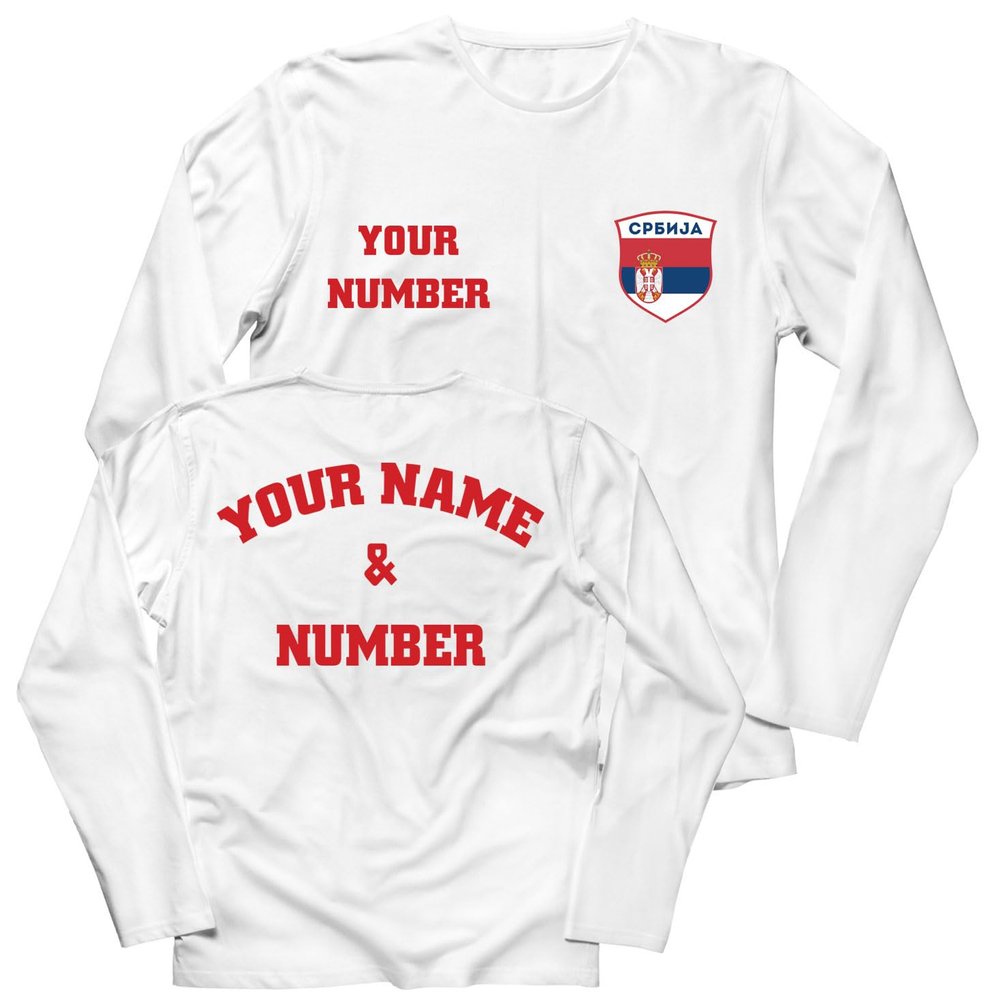 lepni.me Mens Personalised Long Sleeve Soccer Jersey Serbia T-Shirt Serbian Flag Badge European Football Championship 2024 (3XL White Multi Color)