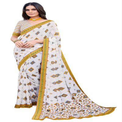 IMTRA FASHION Indian Georgette Saree for Women Printed Lace Border Sari with Unstitched Blouse-Yellow