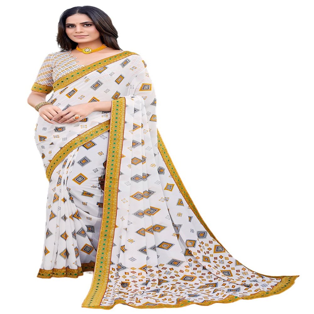 IMTRA FASHION Indian Georgette Saree for Women Printed Lace Border Sari with Unstitched Blouse-Yellow