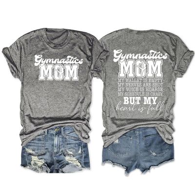 Womens Funny Gymnastics Mom T-Shirt Front and Back Letter Printed Graphic Tee Short Sleeve Casual Lightweight Tops Grey