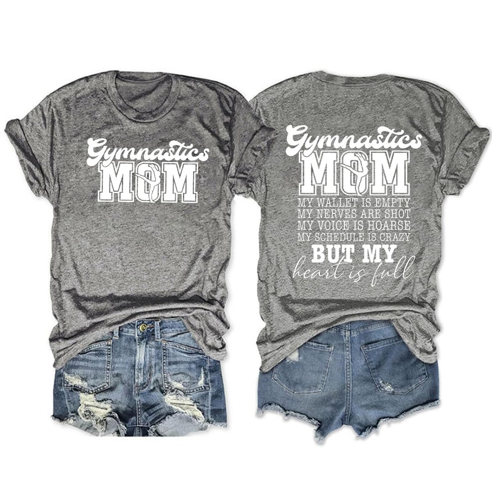 Womens Funny Gymnastics Mom T-Shirt Front and Back Letter Printed Graphic Tee Short Sleeve Casual Lightweight Tops Grey