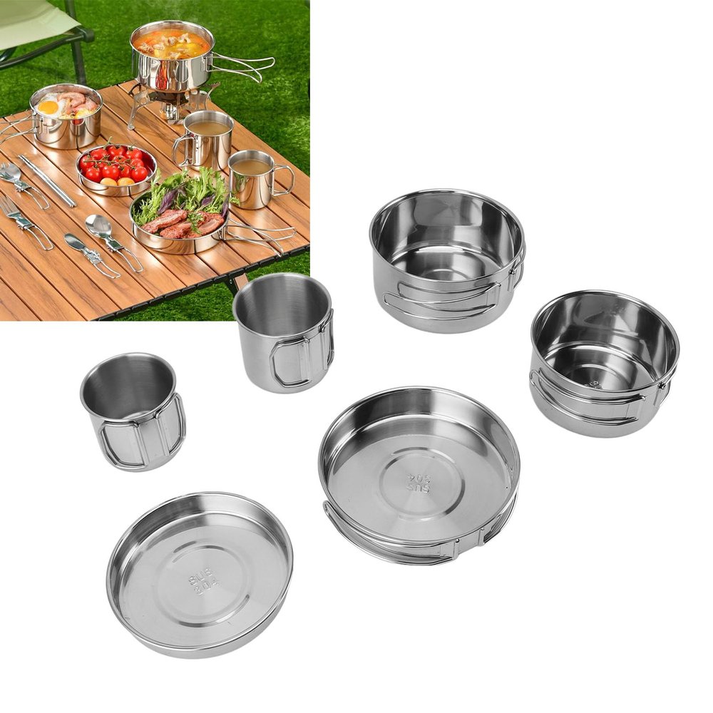 6PCS Camping Cookware Set, Portable Camping Pots and Pans Set, 304 Stainless Steel Outdoor Cookware Set, Rapid Heating Camping Kitchenware, Camping Cookset for Camping Hiking