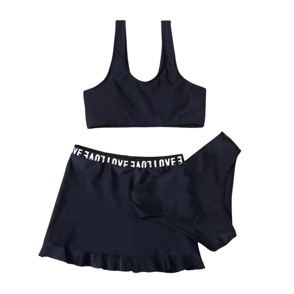 KAGAYD Girls Swimsuits 3 Piece Solid Tankini Bathing Suit Set Cute Bikini Swimwear with Cover Ups Beach Skirt 1~8 Years (Black, 12-18 Months)