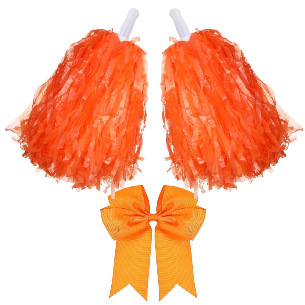 Hotop 3 Pcs 10 in Cheerleading Pom Poms and Large Cheerleader Hair Bow Cheer Pompoms Cheerleading Accessories for Sport Events Dance Party Basketball Football Team(Orange,Classic)