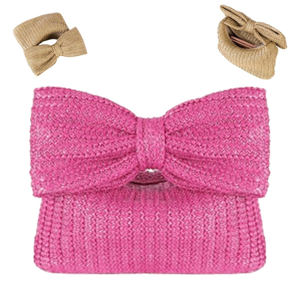 Bow Purse Straw Purses and Handbags for Women, Summer Beach Bag Evening Straw Handbag Woven Clutch Bag (D)