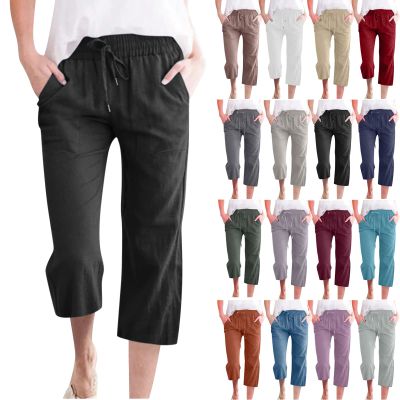 Cotton Linen Pants for Women Trendy 2026 High Waist Drawstring Cropped Pant Trousers Casual Summer Wide Leg Capris