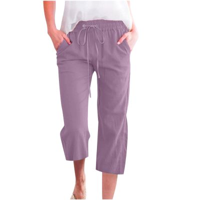 Cotton Linen Pants for Women Trendy 2026 High Waist Drawstring Cropped Pant Trousers Casual Summer Wide Leg Capris