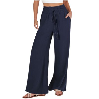 Akklian Womens Linen Pants Summer High Waisted Wide Leg Casual Loose Palazzo Pants Lounge Beach Trousers with Pockets 2024 Navy