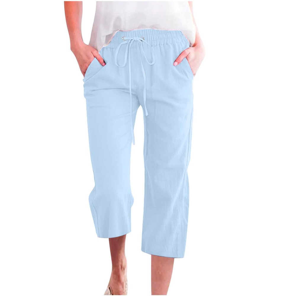 Cotton Linen Pants for Women Trendy 2026 High Waist Drawstring Cropped Pant Trousers Casual Summer Wide Leg Capris