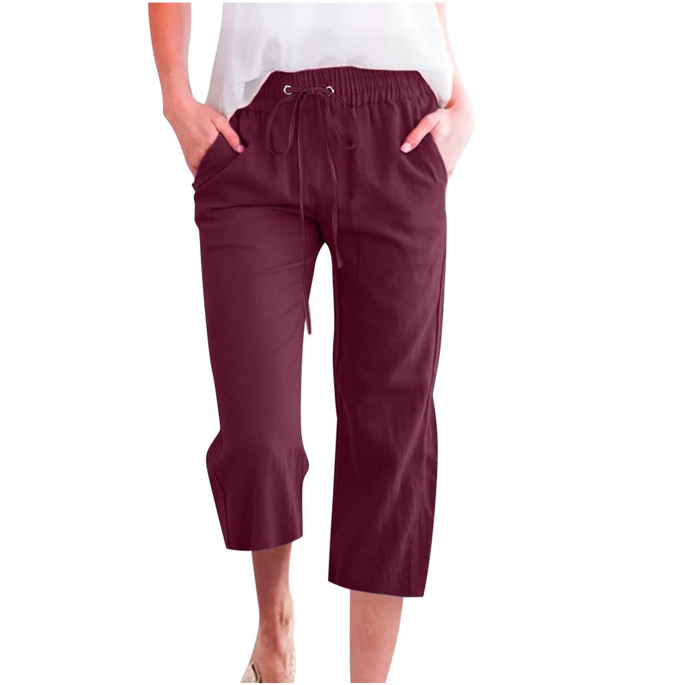 Cotton Linen Pants for Women Trendy 2024 High Waist Drawstring Cropped Pant Trousers Casual Summer Wide Leg Capris